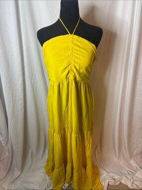 Fashion Nova Yellow Strapless Halter Tiered Maxi Dress